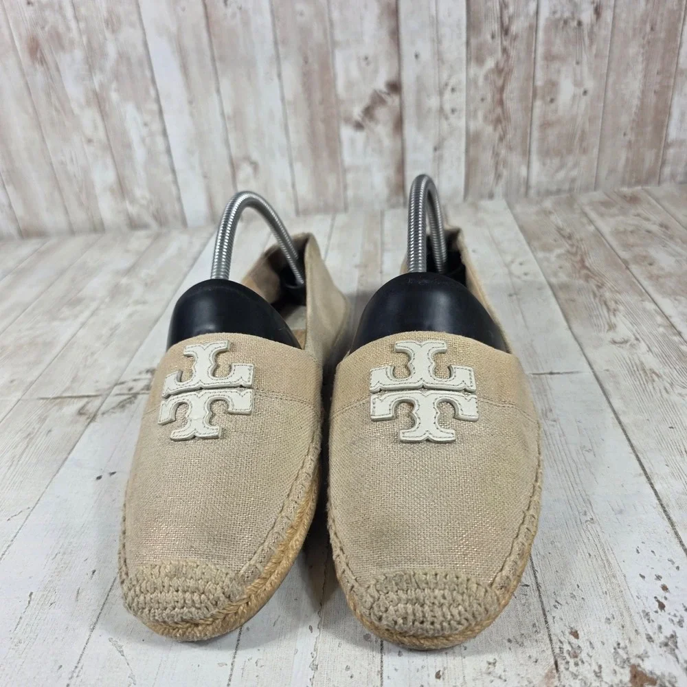 Tory Burch Tan Canvas Logo Espadrille Flats Womens Size 9.5 Beige Slip On Shoes